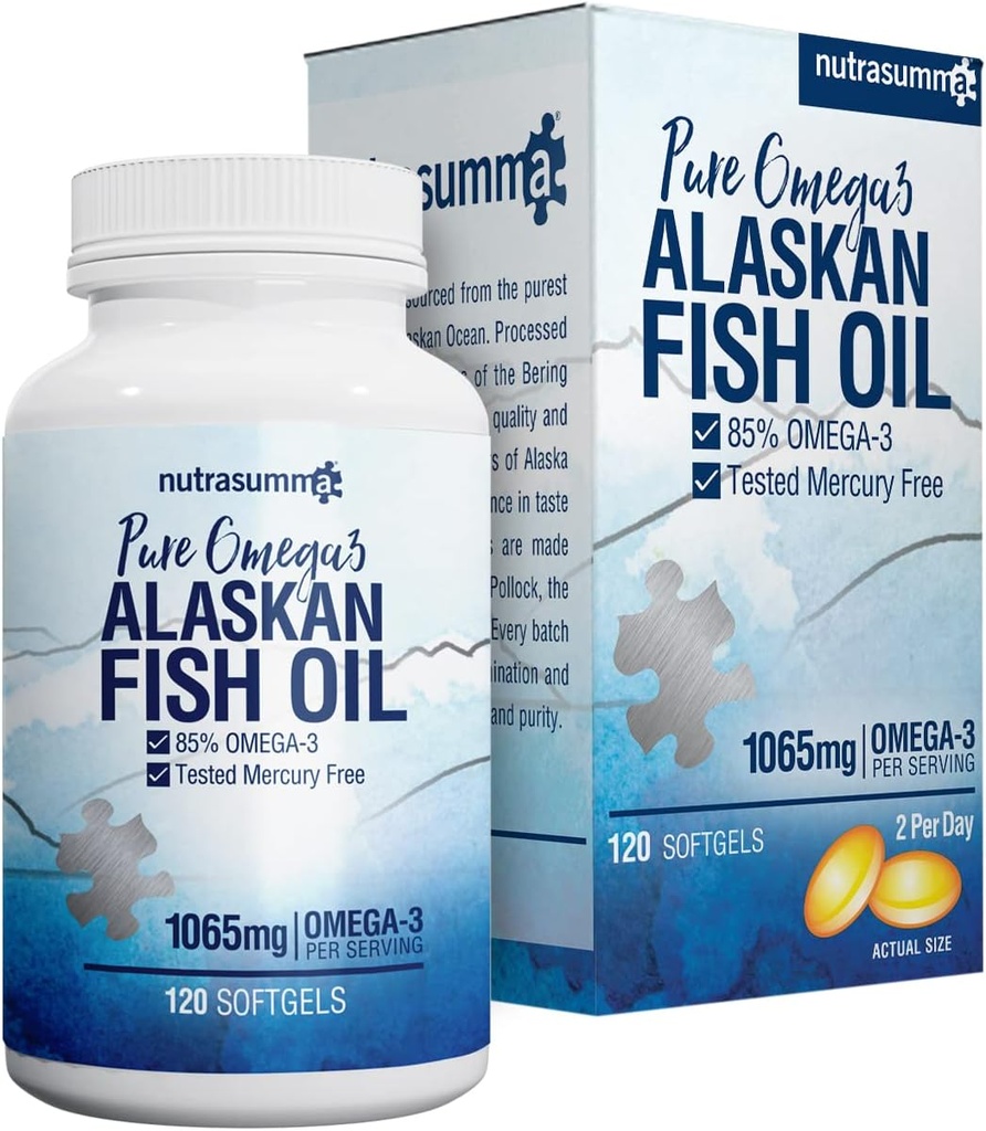Nutrasumma High Purified Omega 3 Supplement Wild Alaskan Fish Oil Burpless & No Fishy Taste, 650mg EPA &270mg DHA von 1250mg Fish Oil Softgels, Glutenfrei, Herz, Gehirn und Immununterstützung, 60 Portionen