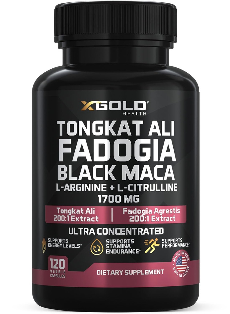 X Gold Health Tongkat Ali + Fadogia Agrestis + Black Maca - Energy, Vitality & Stamina Booster for Men & Women Made in USA