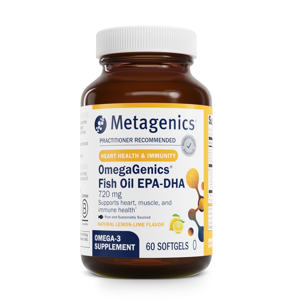 Metagenics OmegaGenics Fish Oil EPA-DHA 720 mg - Omega-3 Fish Oil Supplement - Hohe Potenz - für Herzgesundheit, Muskel- und Immunsystem Gesundheit* - mit DHA & EPA - 60 Softgels