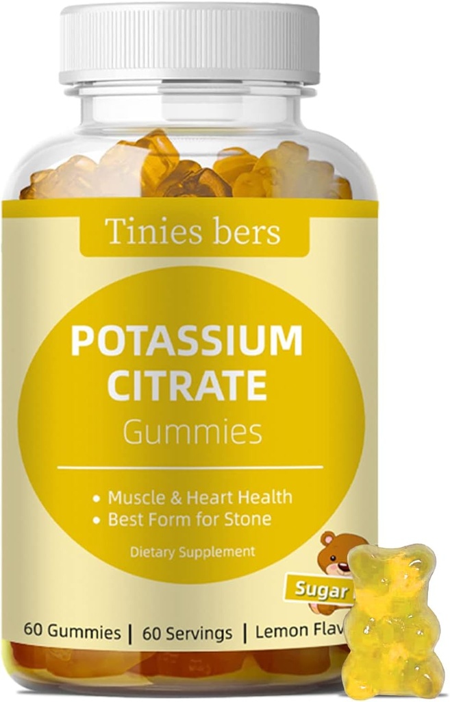 Kalium-Gummi-Gummi-Gummi für Erwachsene Kinder, Zuckerfrei, Unterstützung Leg Cramps & Muskel & Herz Gesundheit, Vital-Elektrolyt, als Kalium-Zitrat, Beste Kalium-Gummi-Gummi-Gummi-Gummi für Steine, Vegan, Non-GMO, Zitronen-Flamvor, 60