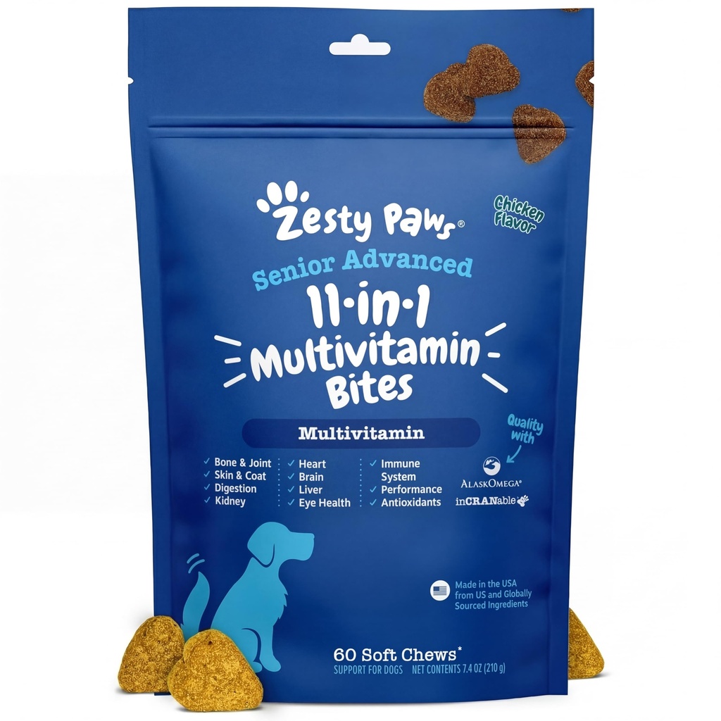 Zesty Paws Senior Dog Multivitamin Treats - Glucosamin für Hunde + Verdauungsenzyme & Probiotika - Grain Free Dog Vitamins and Supplements for Skin & Coat + Immune Health Chicken - Fortgeschritten - 60ct