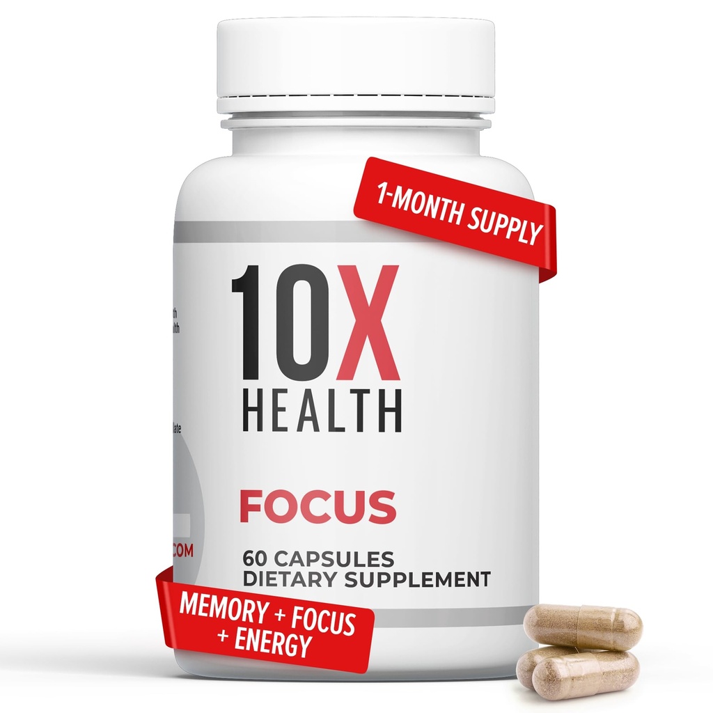 10X Health Focus Rhodiola Rosea - Gehirn-Ergänzungen für Gedächtnis und Fokus - 60 Kapseln Fokus-Ergänzung, Gedächtnis-Ergänzung für Gehirngesundheit mit Ginkgo Biloba, Huperzine A - Ginkgo Biloba Kapseln
