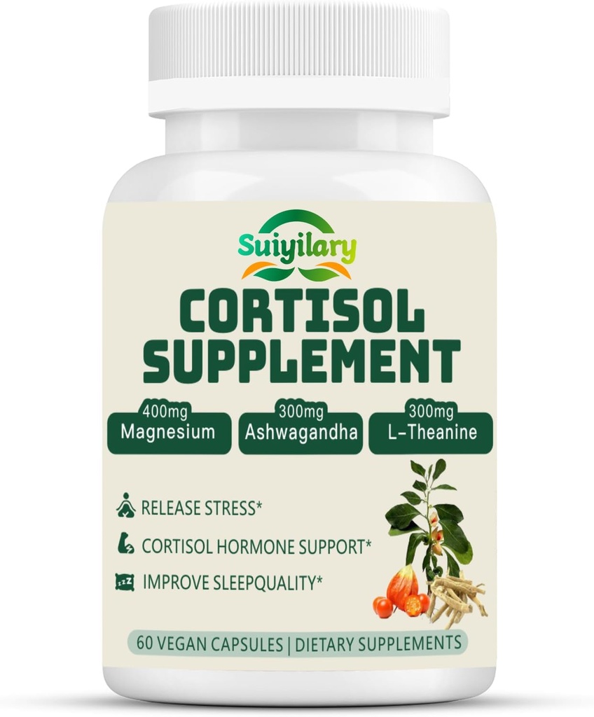 Cortisol Ergänzung für Frauen Männer, Hormon Balance, Magnesium, Ashwagandha, Rhodiola, L-Theanin, Vitamin B6 & B12, Stimmung, Fokus, Schlafunterstützung, Vegan 60 Kapseln