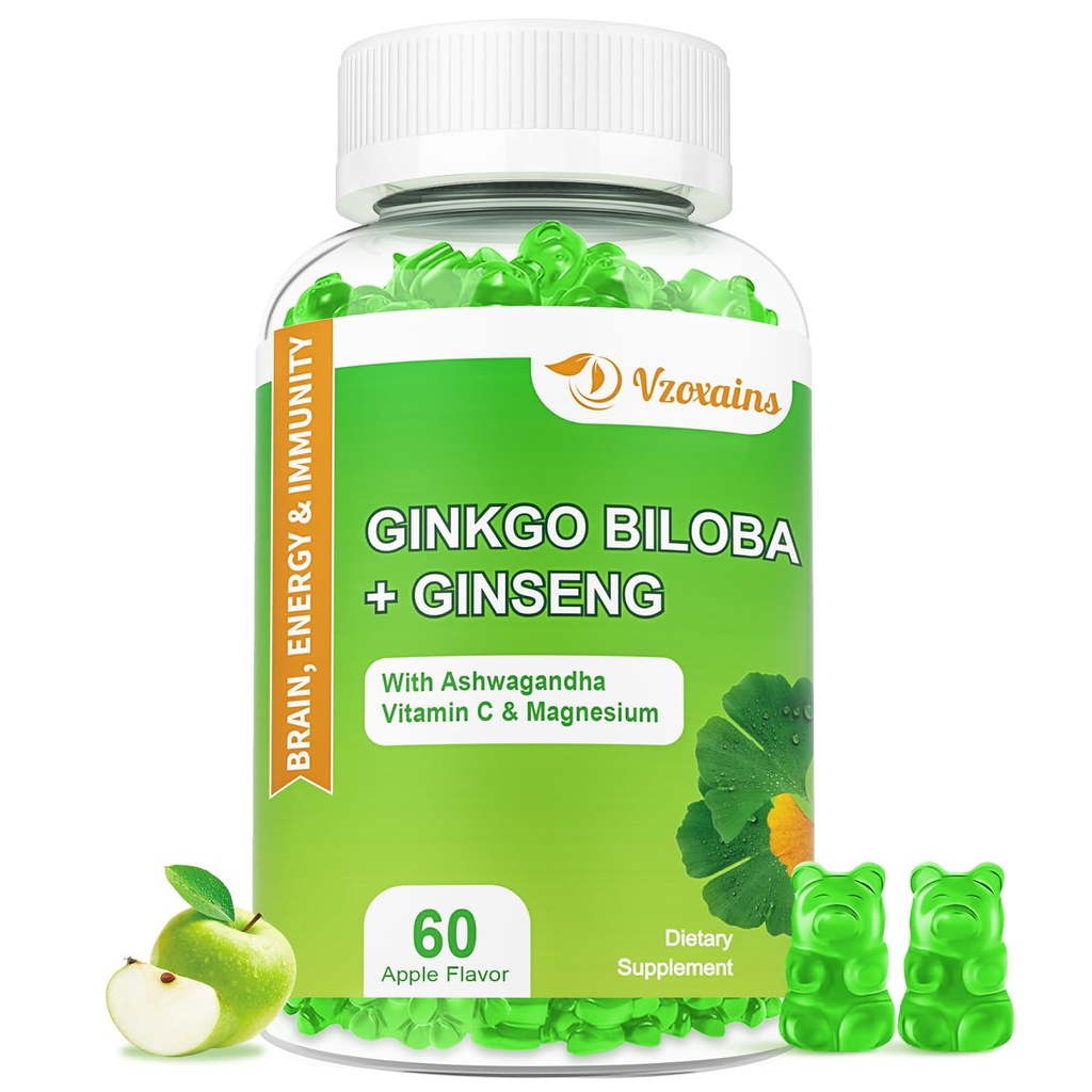 240MG Ginkgo Biloba Gummis mit Ginseng und Magnesium, Ginko Biloba ergänzt Gummis für Gehirn Fokus, Stimmung und Gedächtnis für Erwachsene, 60 Cts
