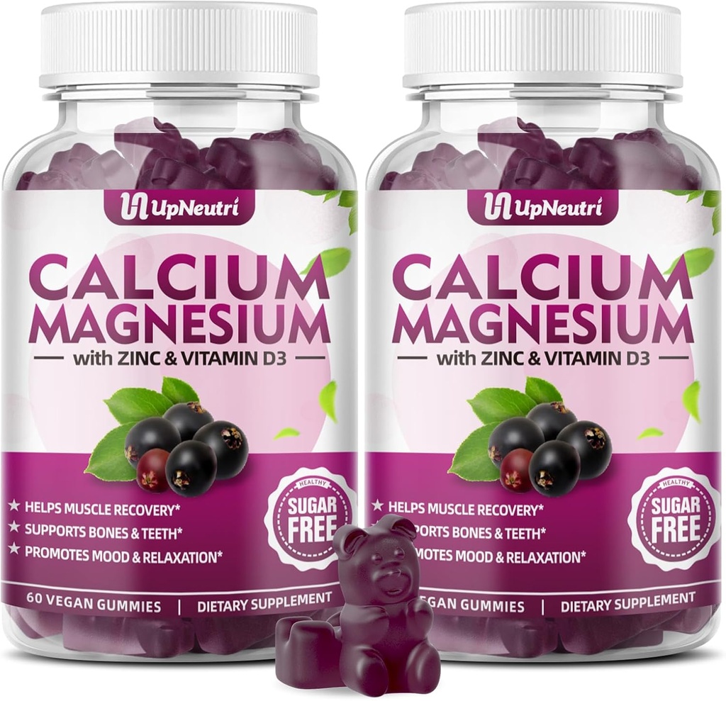 Calcium Magnesium Zink mit Vitamin D3 Beilage, Zucker freie Calciumgummis für Damen, hohe Absorption Zink-Gummien für Knochen & Muskel & Immun Gesundheit, Vegan Elderberry Flavor - 120 Count