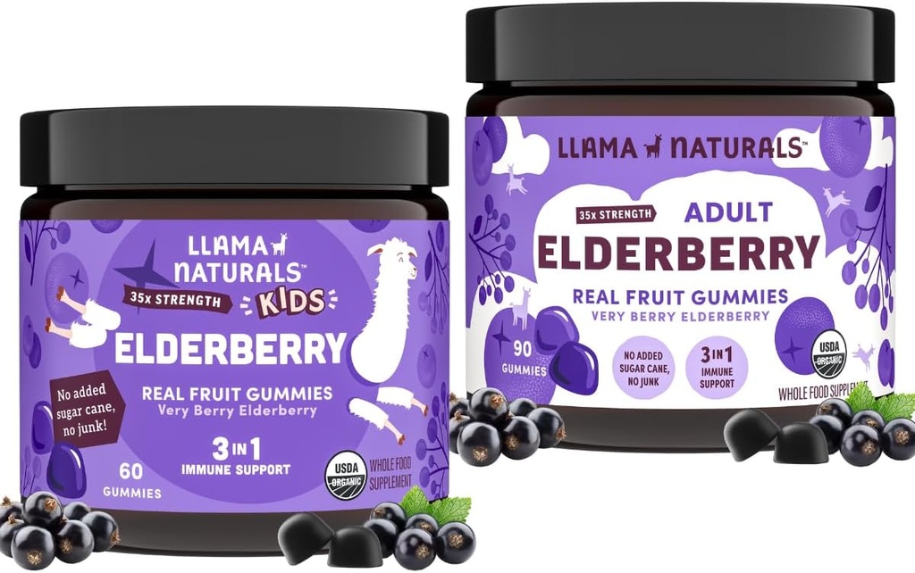Llama Naturals Real Fruit Sambucus Elderberry Gummis für Kinder & Erwachsene | Kein Hinzugefügt Zuckerrohr, Vegan, Organische Immununterstützung | Zink & Natürliches Vitamin C | Pflanzenbasierte, Kaugummis für das ganze Fa