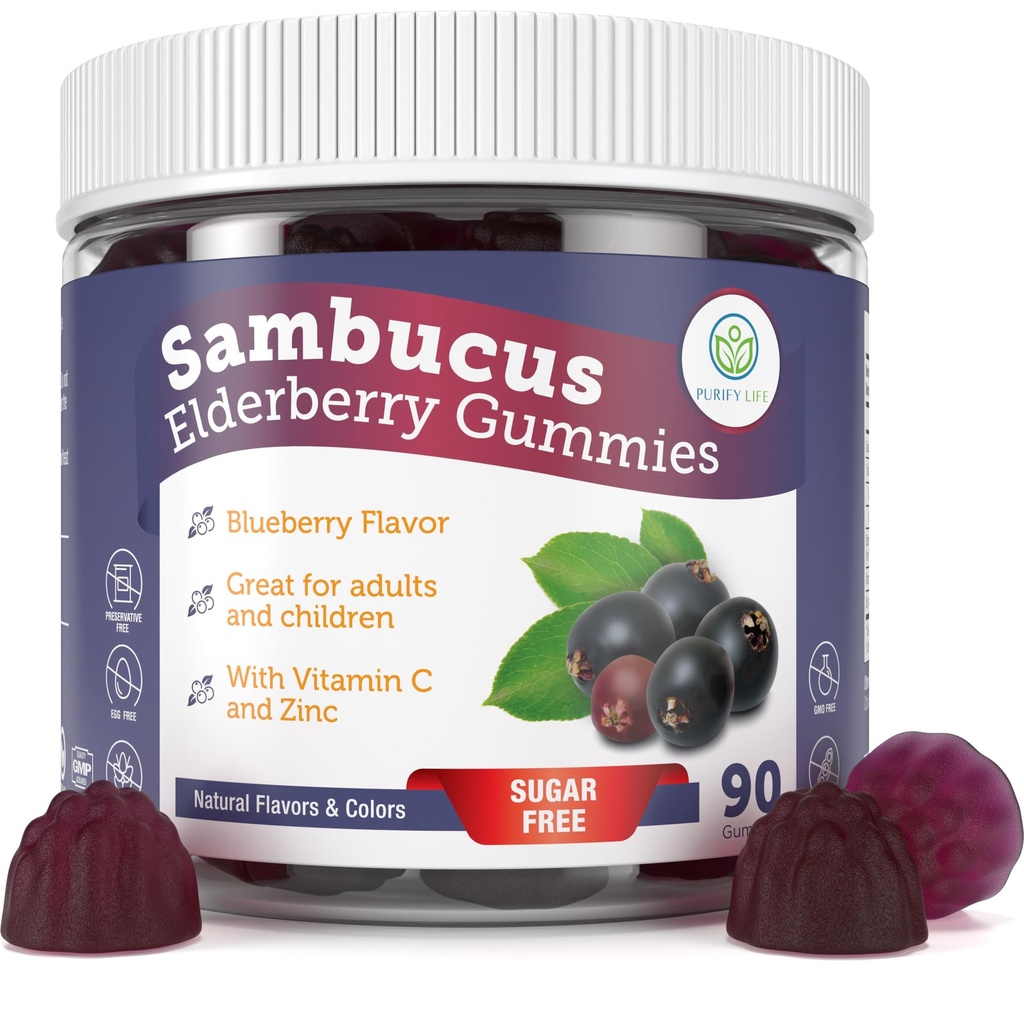 Sugar-Free Elderberry Gummies with Vitamin C & Zinc for Adults and Kids, Immune Support Supplement for Respiratory Health, Sambucus Elderberry Antioxidant Gummies - Vegan, 90 Count