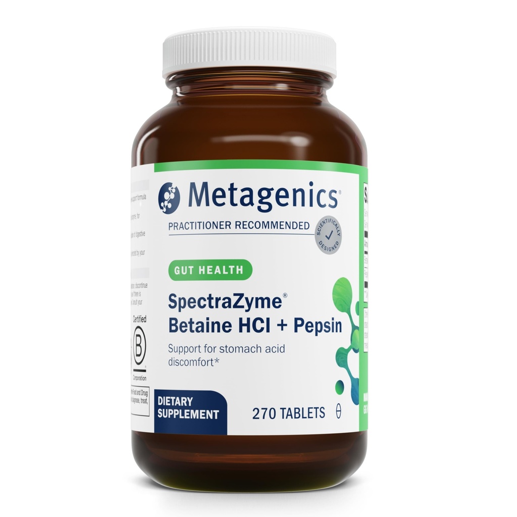 Metagenics SpectraZyme Betaine HCI + Pepsin - Unterstützt Stomach Health & Aids in Digestion* - mit Betaine HCl & Pepsin - Proteolytic Digestive Enzyme* - Non-GMO - 135 Servierungen - 270 Tabletten