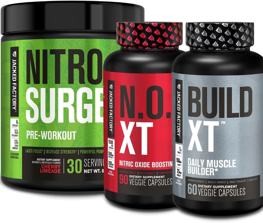 Jacked Factory Nitrosurge Pre Workout, N.O. XT Nitric Oxide Supplement & Build - XT XT Daily Muscle Builder Bundle