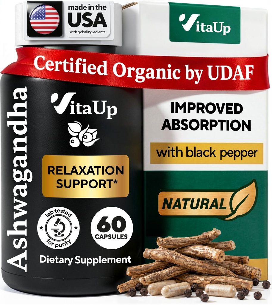 Ashwagandha Kapseln 1310mg mit schwarzem Pfeffer - USA Made Ashwagandha Ergänzungen für Entspannungsunterstützung, normale kognitive Funktion & Balanced Energy Levels – 60 Caps