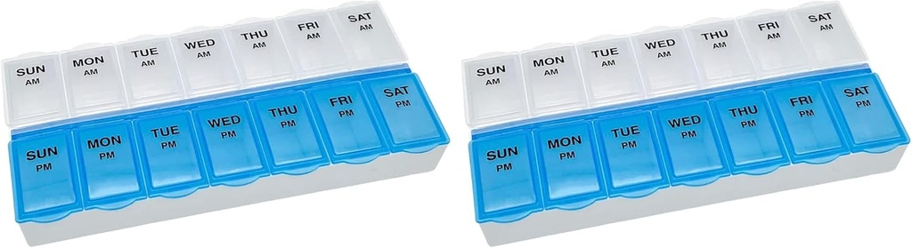 Basic Care (7- nap) AM / PM Pill Organizer, Vitamin Case, és Medicine Box, Large Commodities, 2 alkalommal egy nap, kék és tiszta Lids (csomag 2)