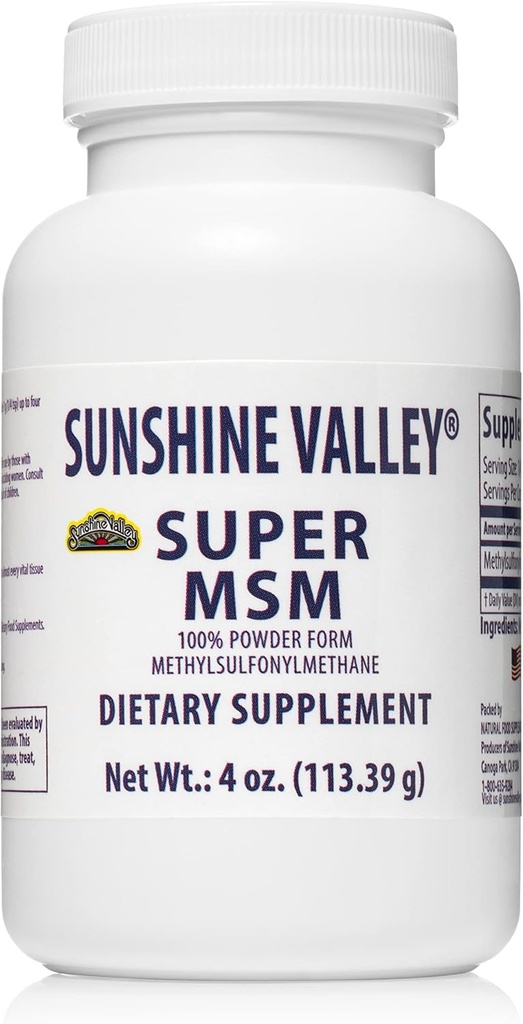 Sunshine Valley ® Super MSM kiegészítés - Metilszulfonilmetán MSM kristályok por közös támogatás, köröm, haj és bőr egészség - 100% tiszta por, ízesítetlen, étrend kiegészítés - 4 oz