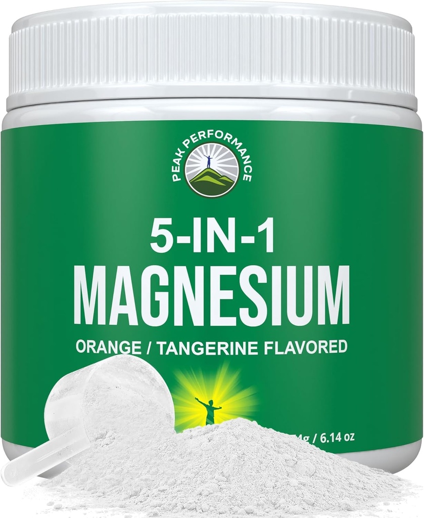 5- in- 1 Magnézium por ital nőknek és férfiaknak. Magnézium glicinát + citrát + malát + kelát + taurát. Nagy ízű vegán kiegészítés izomrelaxáció, alvás, görcsök. Narancssárga aroma