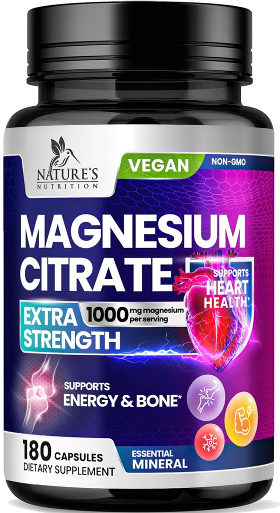 Magnesium Citrat Ergänzung Pillen 1000mg - 3X Stärke Magnesium Ergänzungen für Knochen, Muskel, Herz, Natur Schlaf Unterstützung für Männer & Frauen, Vegan Mag Mineral, Non-GMO, Bottled in USA, 180 Kapseln