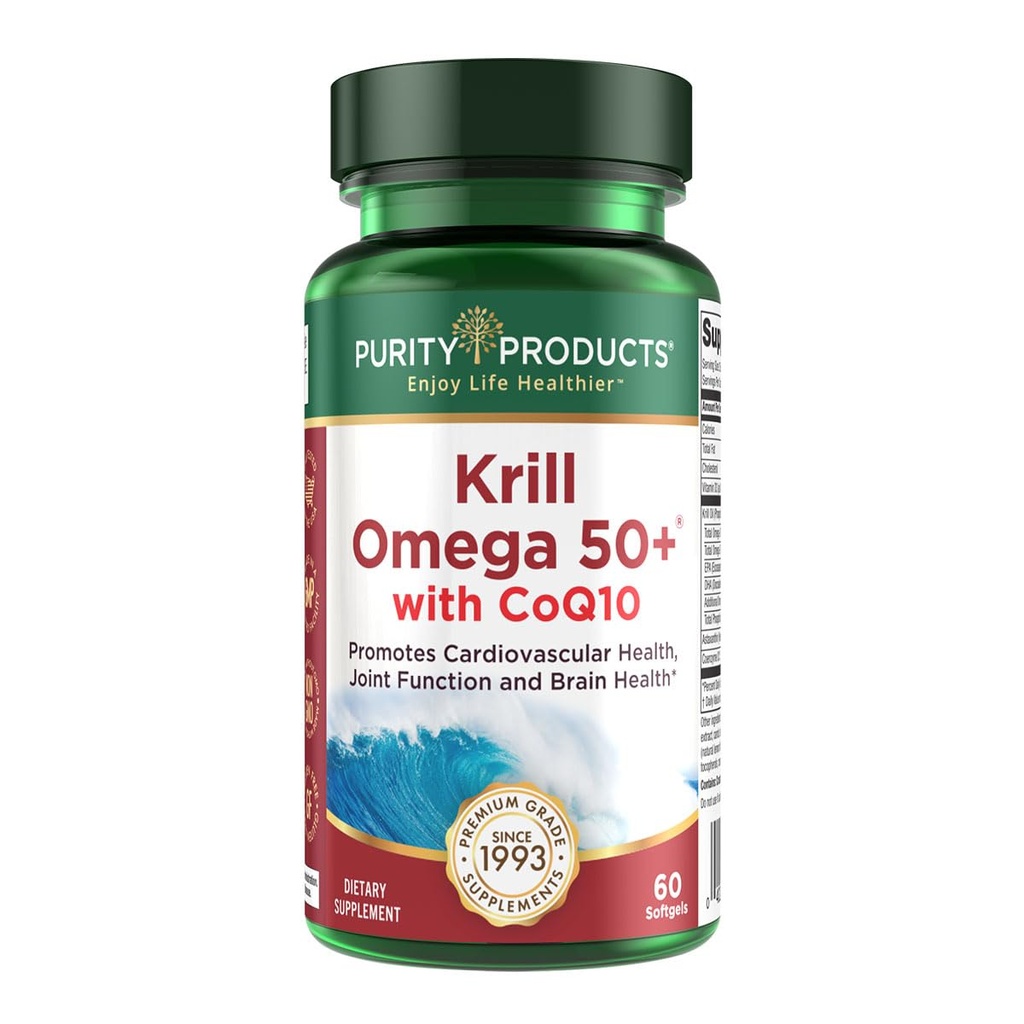 Krill Omega 50 Plus w/ CoQ10 von Reinheitsprodukten - 1300mg Krill Oil and Fish Oil Blend - 100mg CoQ10 - 500mg Natürliches Astaxanthin - Unterstützung für Gelenk, Gehirngesundheit und mehr - 60 Mini Softgels