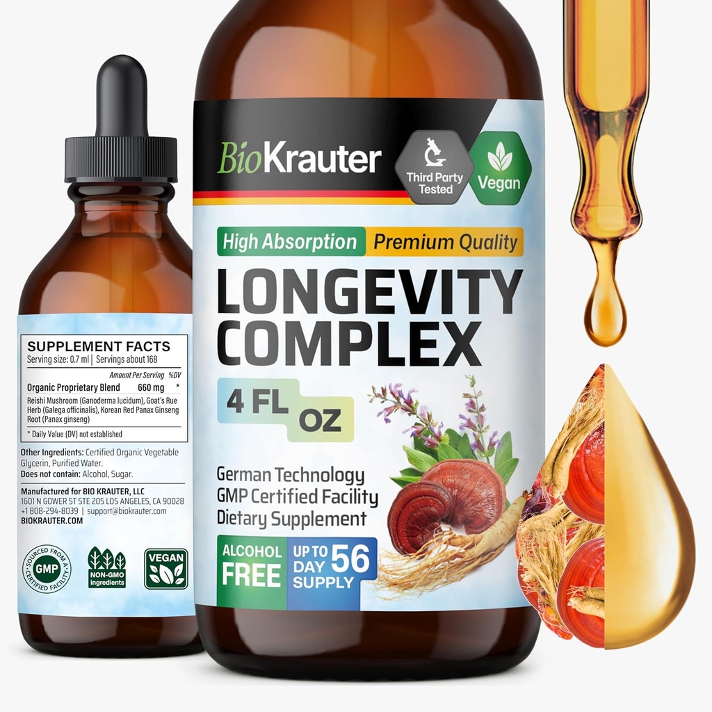BIO KRAUTER Langlebigkeit Pilz-Ergänzung - Liquid Reishi Pilz-Komplex mit Ziegen Rue & Red Ginseng Wurzel-Extrakt - Vegan Tinktur - Alkohol & Zucker Kostenlose Tropfen 4 Fl.Oz.