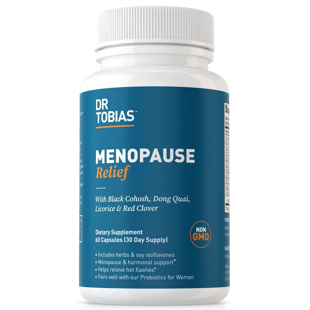 Dr. Tobias Menopause Relief mit Black Cohosh, Soy Isoflavones, Don Quai, Hot Flash & Night Sweats Relief für Frauen, Non-GMO Menopause Ergänzungen für Frauen, 60 Kapseln, 30 Servietten