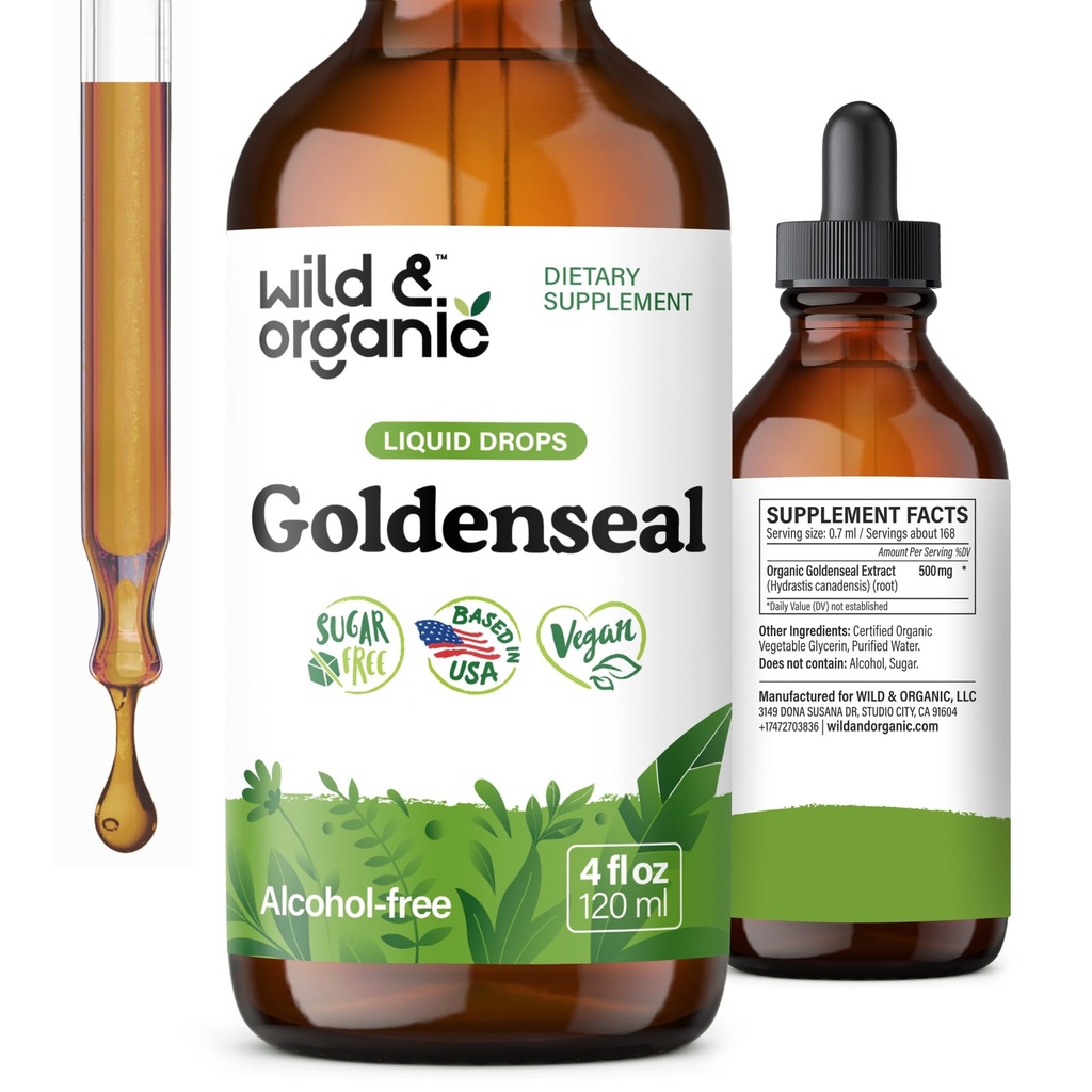 Wild & Organic Goldenseal Tincture - Lung & Digestive Support - Goldenseal Root Extract Liquid Drops - Vegan, Zucker & Alkoholfreie Kräuterergänzung - 4 fl oz