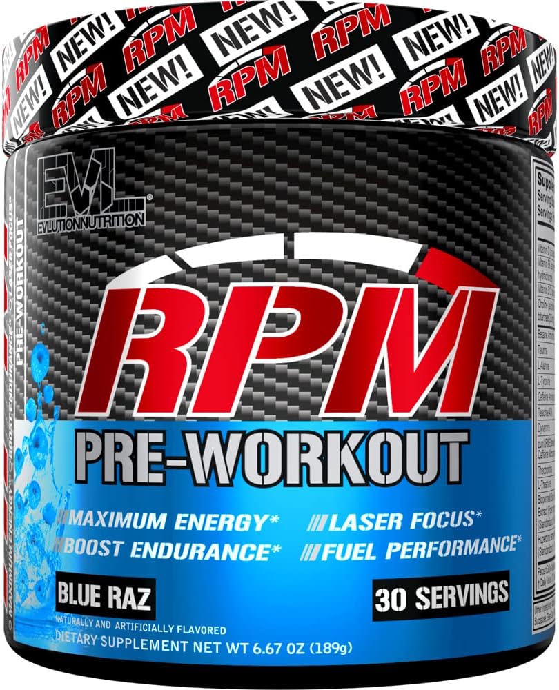 Pre Workout Powder for Energy and Focus - EVL RPM Energy Pre Workout Energy Drink Powder mit Betaine Alanine Caffeine und Theacrine - Preworkout Powder Drink für verstärkte Leistung (Blue Raz)