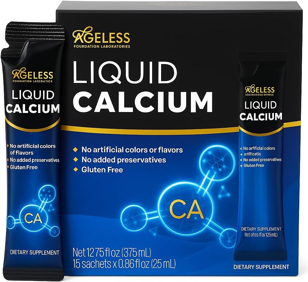 Alterlose flüssige Kalzium-Ergänzung für Frauen und Männer mit Sea Bass Extract und Vitamin D8 - Hohe Absorption Knochenstärke-Ergänzungen, natürliche Geschmack, Glutenfrei - 25 ml (15 Zähler)