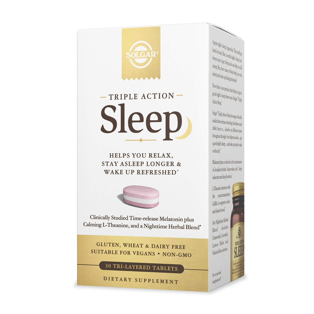 Solgar Triple Action Sleep, 30 Tri- Layer Tablets - Time- Release Melatonin & L- Theanine Plus Herbal Blend - Segít lazítani, elaludni gyorsan & Stay Asleep Longer - Non-GMO, Gluten Free - 30 Servings
