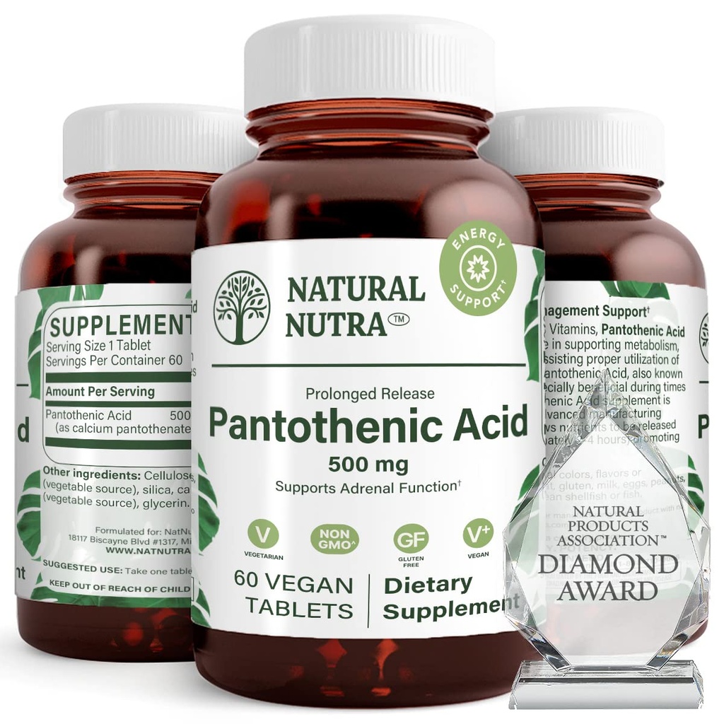 Natürliche Nutra Zeitfreisetzung Pantothensäure 500 mg, Vitamin B5 Beilage hilft nach unten Fett und Kohlenhydrate, Stoffwechsel und Energie, verbessern Muskelgesundheit, reduzieren Hautflecken, 60 vegetarische Tabletten