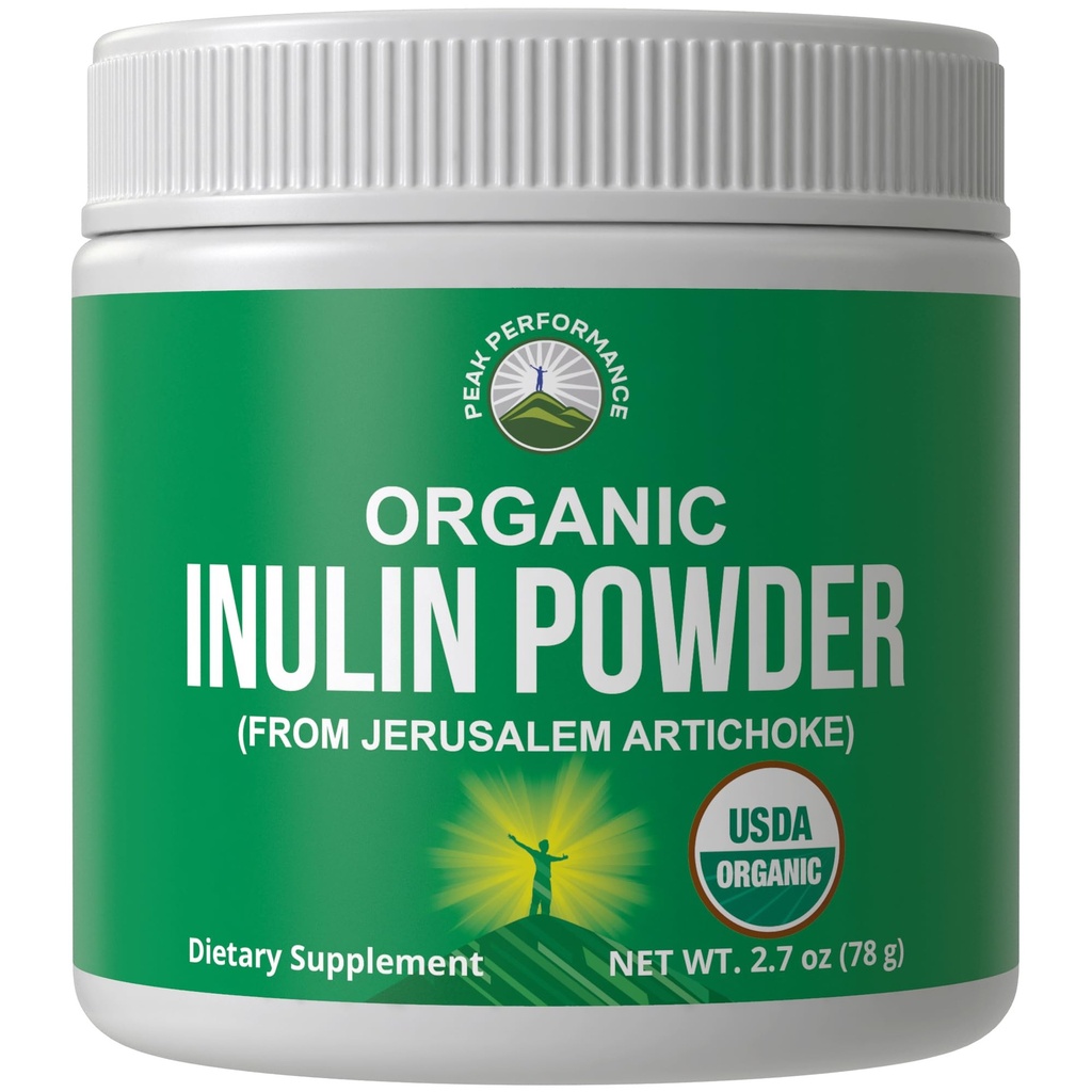 Peak Performance Organic Inulin Powder Natural Prebiotic Fiber for Gut Health. USDA Organic Raw Plant Based Vegan Prebiotics FOS Supplement from Jerusalem Artichoke