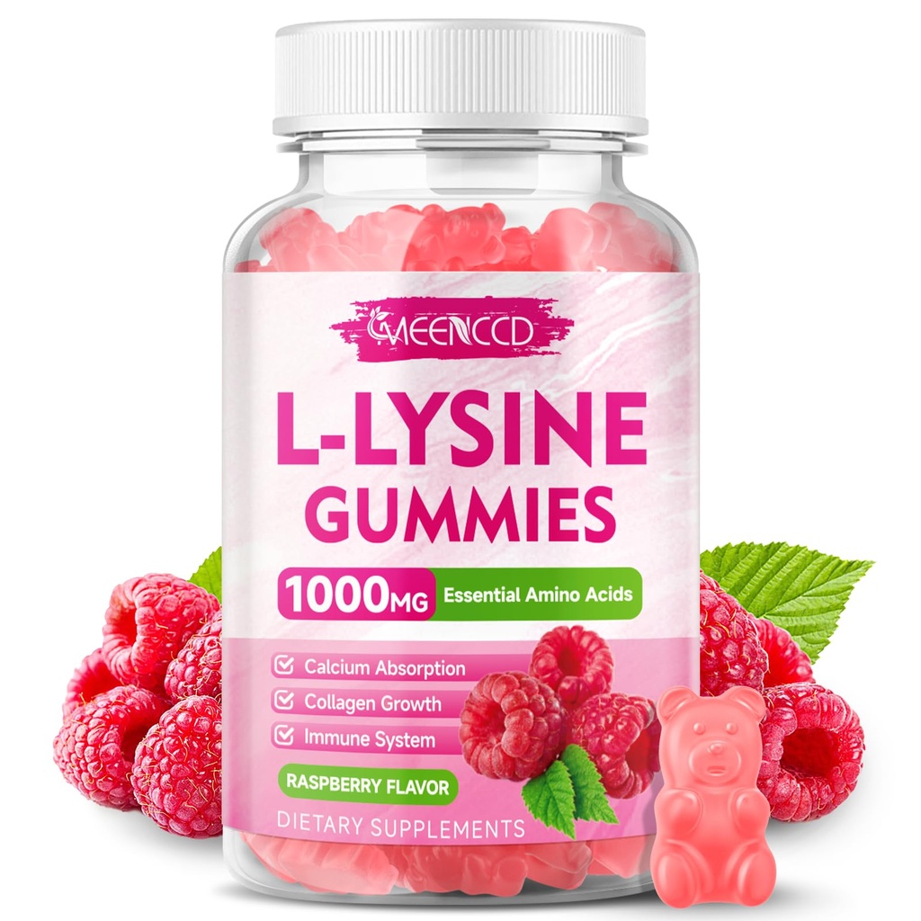L-Lysine 1000mg Gummi, Lysin-Ergänzung für Erwachsene & Kinder, essentielle Aminosäure-Ergänzung für Lipide & Orale Gesundheit, Boost Immune & Collagen & Calcium, Sugar-Free, Raspberry Flavor, 60 Count