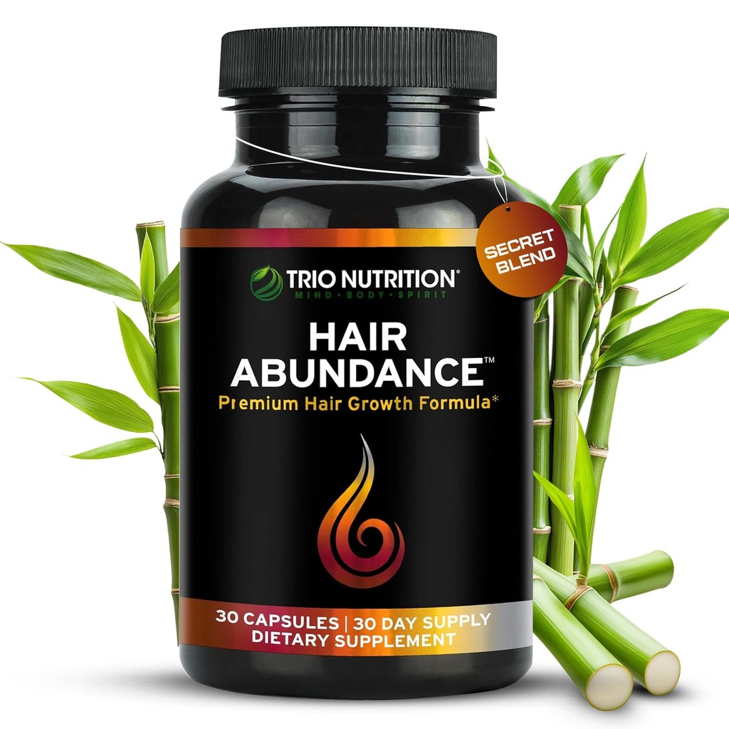 TRIO NUTRITION Hair Abundance | Natural Vitamin Supplement for Hair Growth, Strong Nails and Smooth Skin| Boosted with Collagen, Keratin, Zinc & Selenium | Biotin 10000mcg | 30 Day Supply