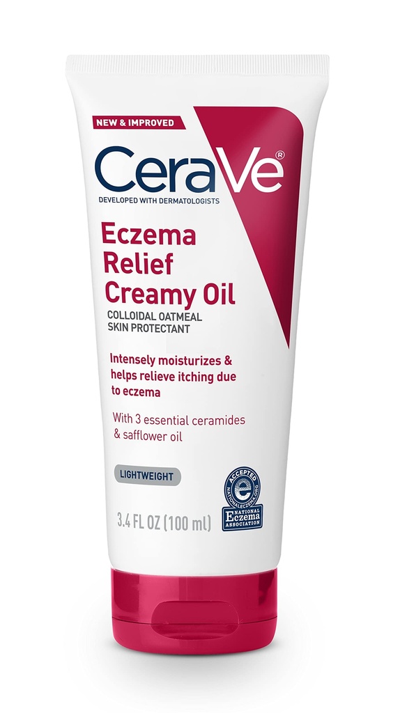 CeraVe Eczema Relief Creamy Body Oil, Eczema Calming Cream Mit kolloidalem Oatmeal & Safflower Oil Für trockene Haut & jucken Haut Relief, Steroid Free & Paraben Free, 3.4 Unze