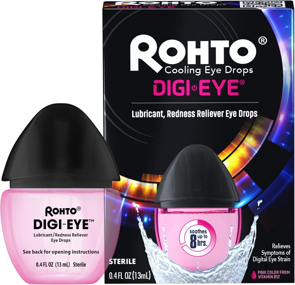 Rohto Digital Eye Strain Eye cseppek, Cooling Eye Strain Relief from Digital Eye Strain Tünetek, Long- Lasting, Soothing Eye Relief, Eye Drops for Red, Unott Eyes 0.4 fl oz palack (csomag 2)