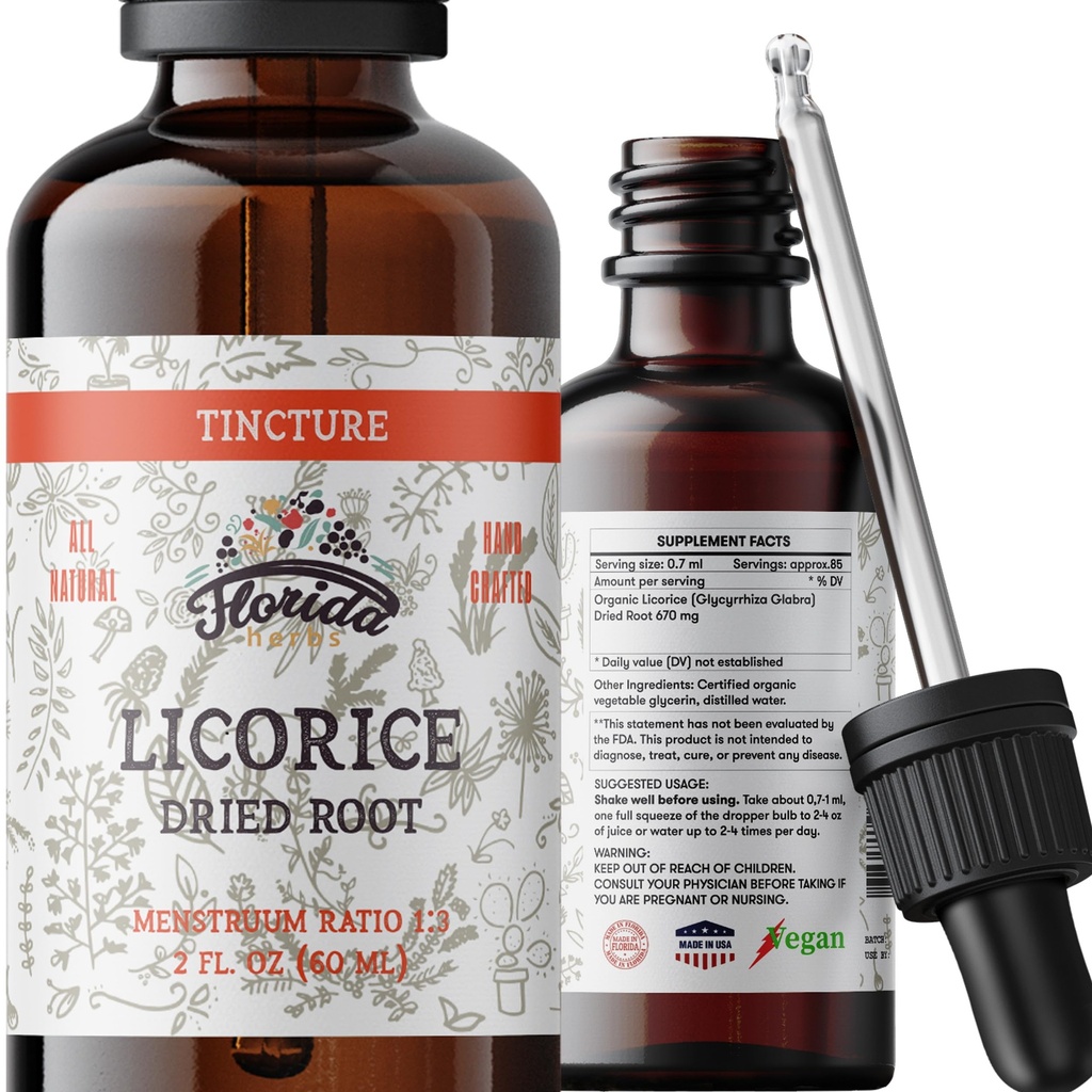 Licorice Tincture, Organic Licorice Extract (Glycyrrhiza Glabra) Dried Root, Herbal Supplement, Non-GMO in Cold-Pressed Organic Vegetable Glycerin 2 oz, 670 mg