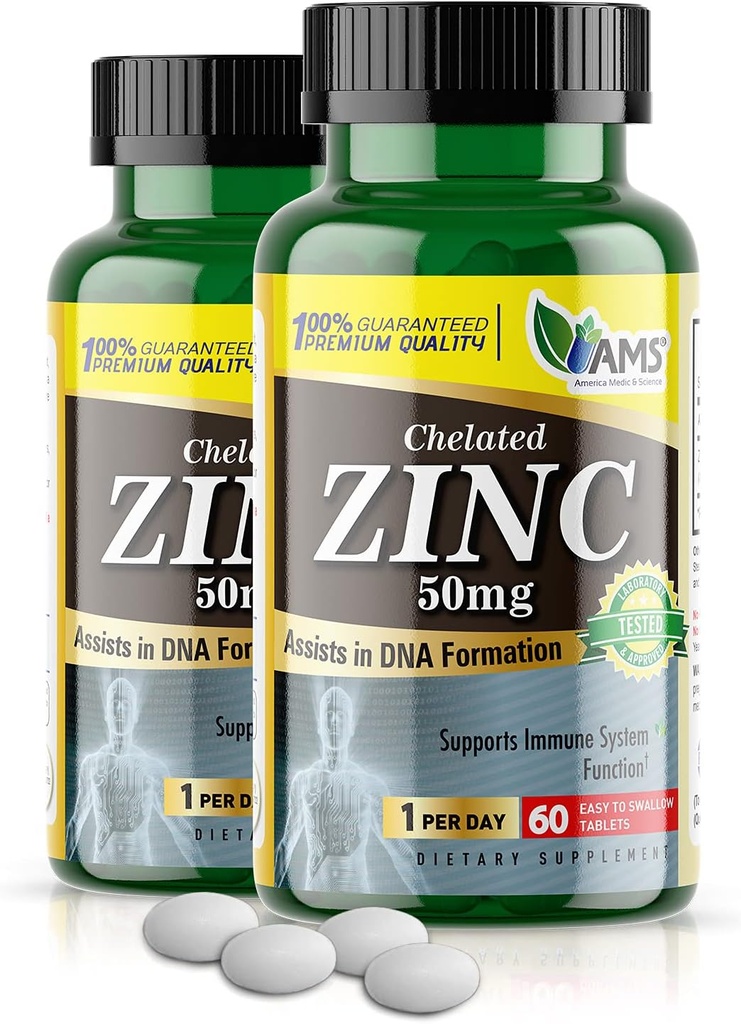 Amerika Medic & Science Chelat Zink 50 mg Ergänzungen (2 Packung mit 60 Tabletten) Immun Booster und leistungsfähige Antioxidante Pillen für Erwachsene Männer und Frauen | Hoch absorbierbares Mineral, verbessert Mood & Schlaf