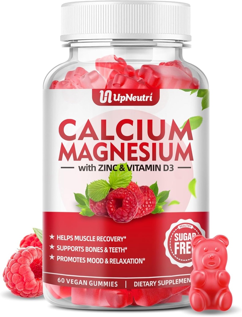 Calcium Magnesium Zink mit Vitamin D3 Supplement, Zucker freie Calcium-Gummi für Frauen Männer, hohe Absorption Zink-Gummien für Knochen & Muskel & Immun Gesundheit, Vegan Himbeer Geschmack - 60 Zähler