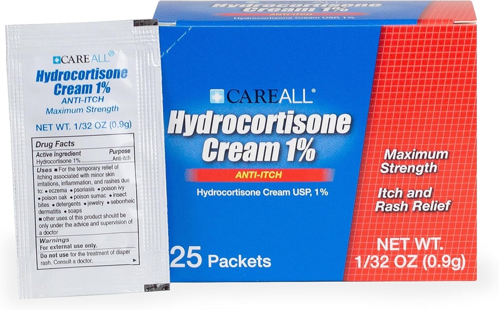 CareAll Hydrocortisone Cream 1% (25 Pack), 0,9gr Foil Packet. Maximális hatáserősség formuláció, anti-itch kiütés bőrkrém enyhíti viszketés, ekzema, rovarcsípés, méreg Ivy, és psoriasis