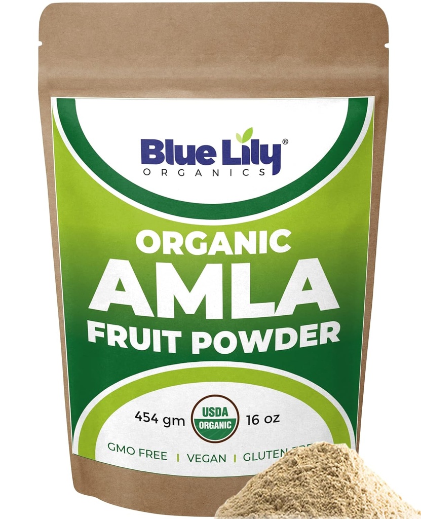 Blue Lily USDA Organic Amla Powder (Amalaki/Indian Gooseberry) 16oz (1lb) Resealable Kraft Bag, 100% reines Amla Berry Powder, Rich in Antioxidant Vitamin C, Unterstützt gesundes Immunsystem