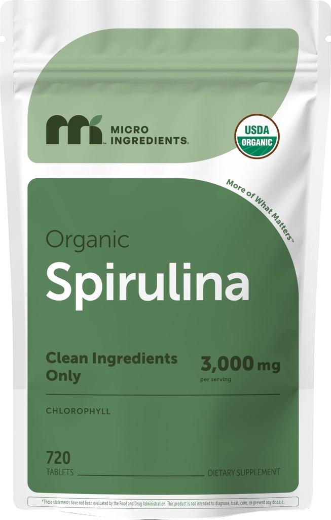 Micro Ingredients Organic Spirulina Supplement, 3000MG Per Serving, 720 Tabletten (4 Monate Versorgung), kein Filler & Non-GMO, Reich an Vegan Protein, Vitamine & Prebiotics, Premium Spirulina Pillen