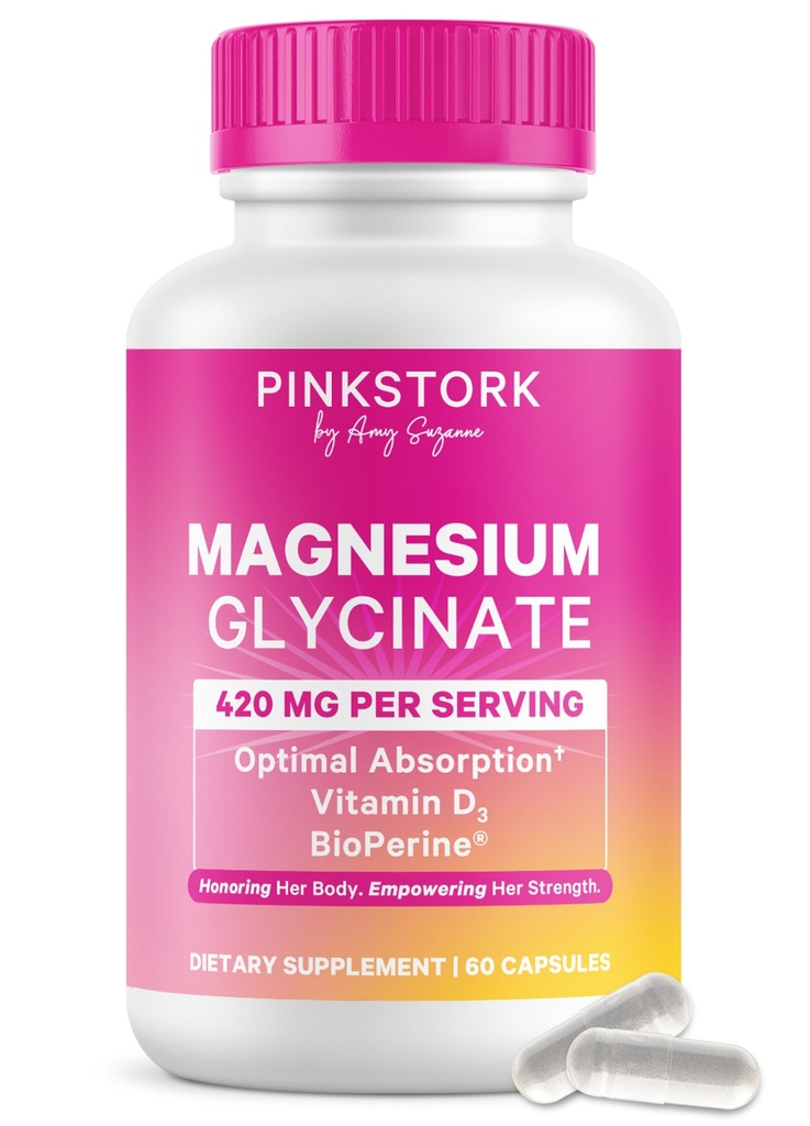 Pink Stork Magnesium Glycinate mit Vitamin D - Magnesium-Ergänzung für Frauen Natürliche Ruhe, Stimmung und Schlaf - Hormon Balance für Frauen - 60 Kapseln, 1 Monat Versorgung