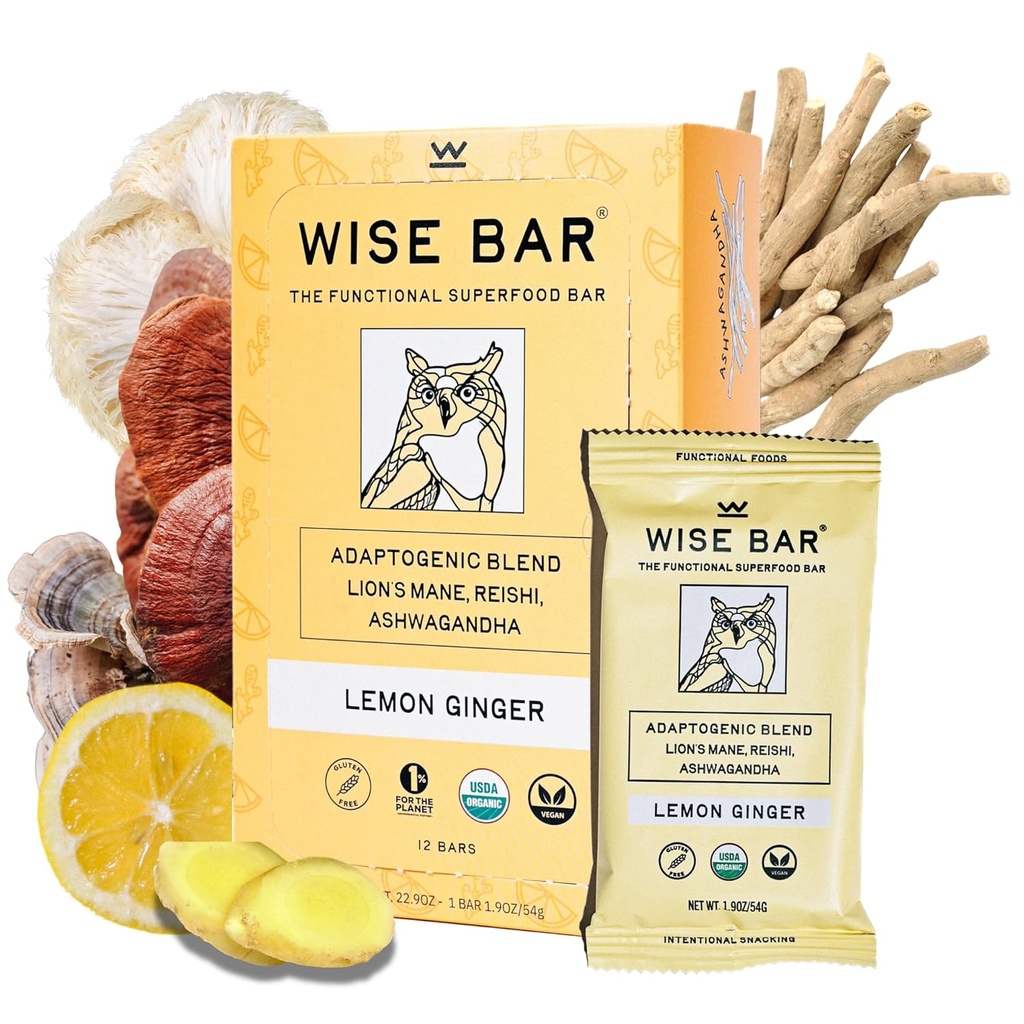 Bölcs Bar Adaptogen Gumós Táplálkozók Reishi, Lions Mane & Ashwagandha, Organic Vegan & Gluten Free Snacks for Natural Focus, Energy & Immunity Support, Lemon Ginger Flavor, 12 Count
