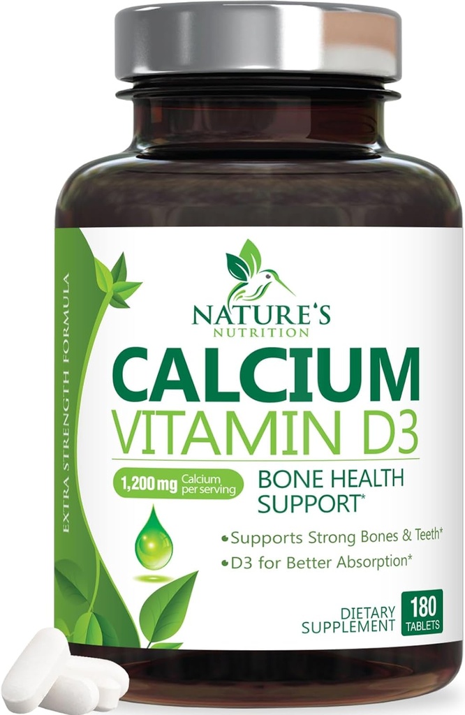 Kalziumergänzung 1200 mg - mit Vitamin D3 für beste Absorption - unterstützt Immungesundheit, Knochen & Zähne - Nature's Calcium Carbonate + 1600 IU von D3 - Bottled in USA für Frauen & Männer - 180 Tabletten