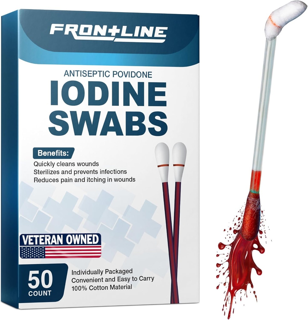FrontLine Povidon Jód Swabs, Antiszeptikus Swabsticks, Jódoldat, Tisztítás Cotton Swab, Egyénileg csomagolt orvosi készletek, Sebápolás, Elsősegély, Sebtisztító, Doboz 50