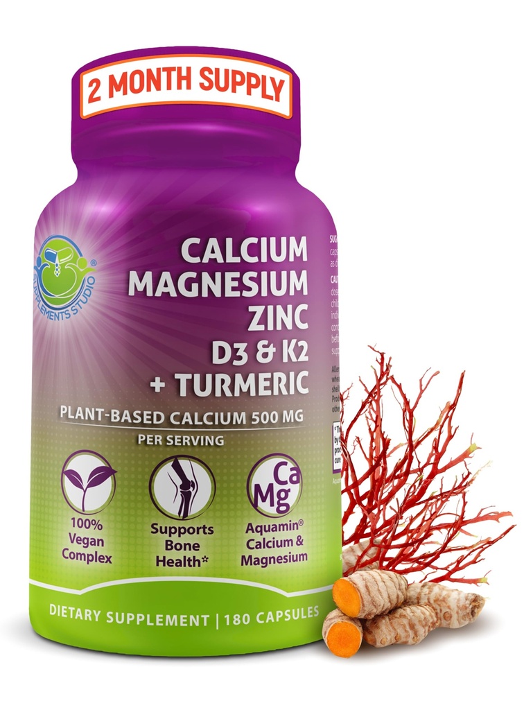 Pflanzenbasiertes Kalzium 500mg (Aquamin) – Vegan Calcium Magnesium Zink D3 mit Vitamin K2 & Organic Turmeric – Verbesserte Knochen- und Muskelgesundheit & Stärke, Immununterstützung für Frauen & Männer - 180 Zähler