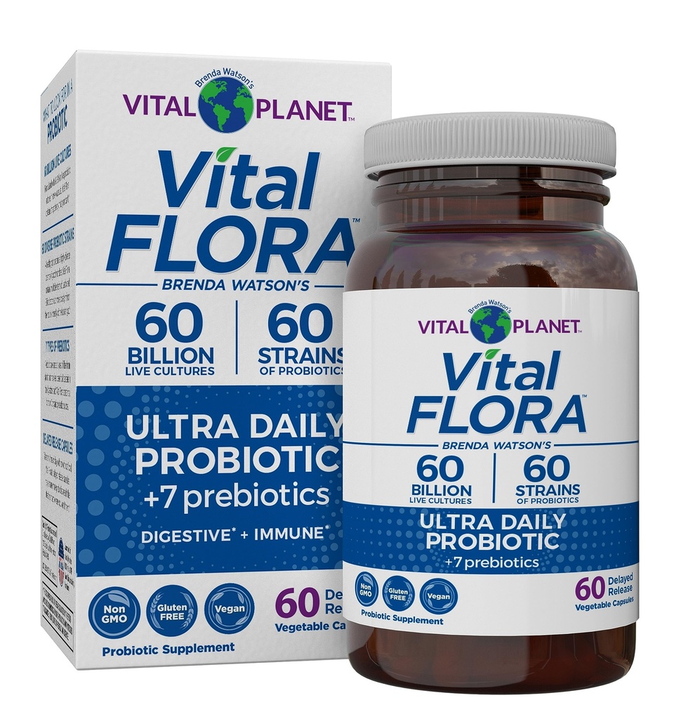 Vital Planet - Vital Flora Ultra Napi probiotikum 60 milliárd CFU, diverse Strains, Organic Prebiotics, Immune Support, Bloating Relief, Digestic Health Probiotics nőknek és férfiaknak 60 kapszula