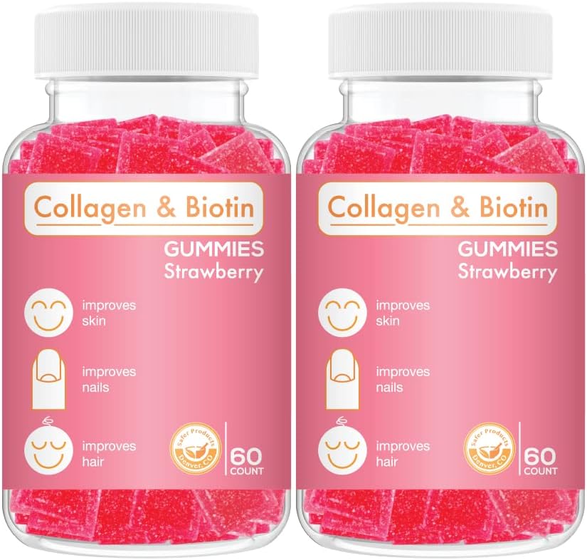 Collagen Biotin Gummies - Unterstützt Haar, Haut und Nägel Haarwachstum Anti Aging Pflege Kaubare Gummy Vitamine, Vegan, Non-GMO, Glutenfrei, Gelatine Erdbeer Flavor 120 Count, Pink