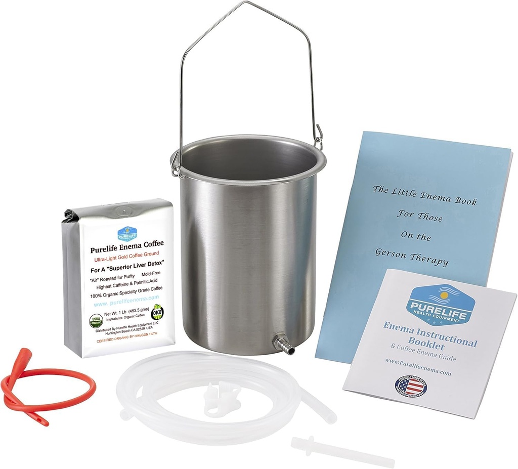 Purelife Detox Coffee Enema Kit - Made in USA - 2 Qt / Superior Non Toxic Made in USA Qualität / 1 lb Purelife Ultra Light Gold Enema Coffee - Lab Tested with no mycotoxins- Silicone Tubing