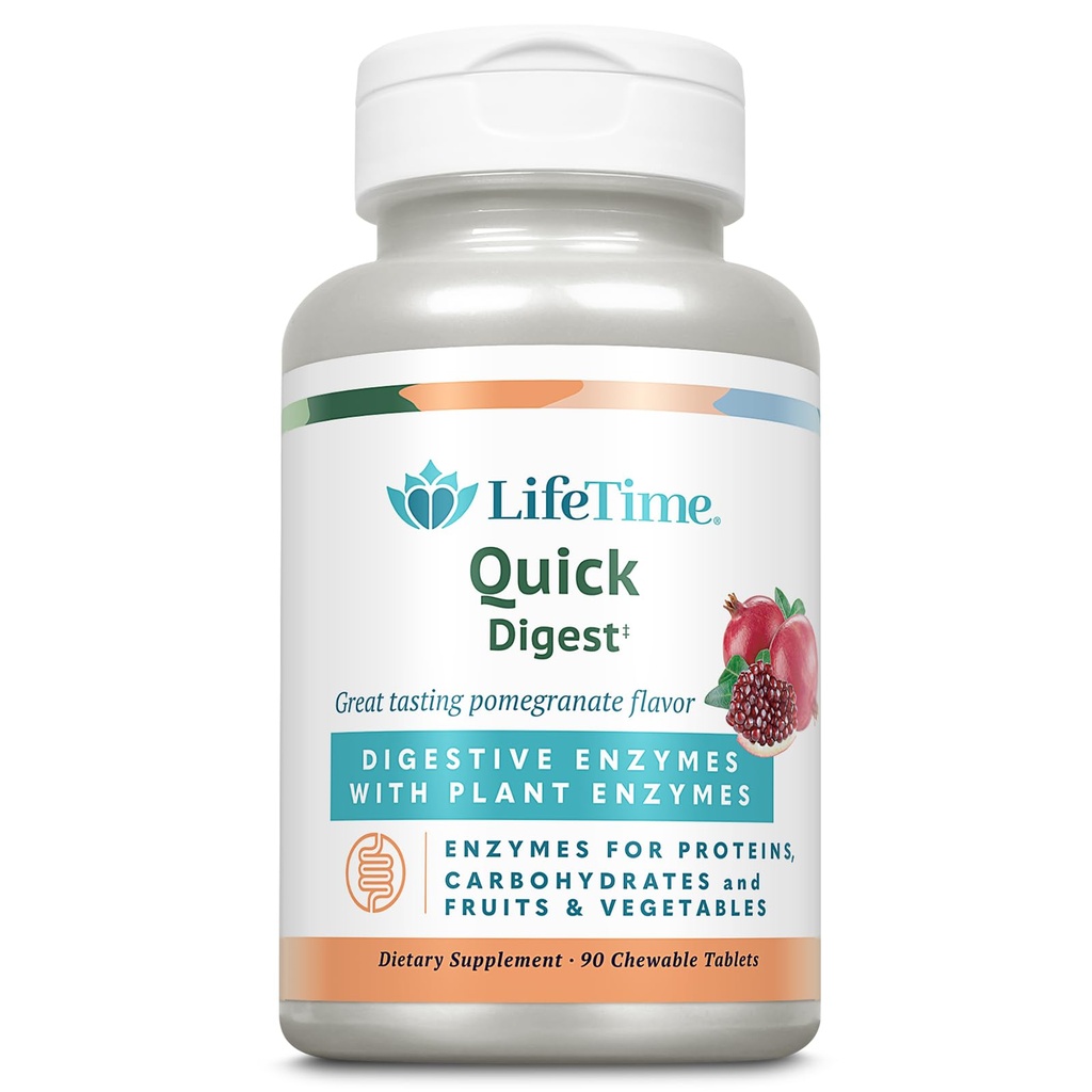 Lifetime Quick Digest Digestive Enzimes - Plant Enzimes for Proteins, Carbosources, Gyümölcsök és zöldségek - Emésztési egészségügyi támogatás - Gránátalma Flavor - 90 adag, 90 rágótabletta