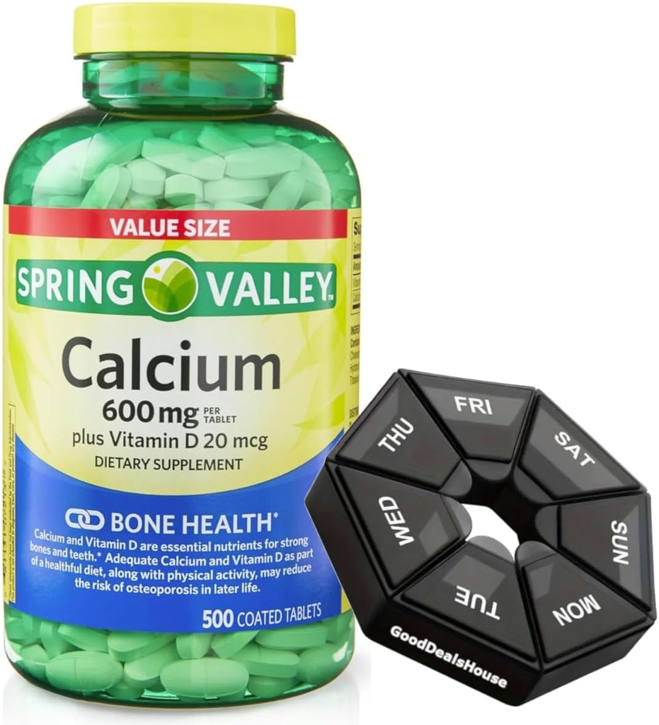 Frühling - Tal Kalzium 600 mg + Vitamin D 20 mcg - 500 Zähler mit Wöchentlicher Pille Organizer GoodDealsHouse - Knochengesundheit Nahrungsergänzung Tabletten