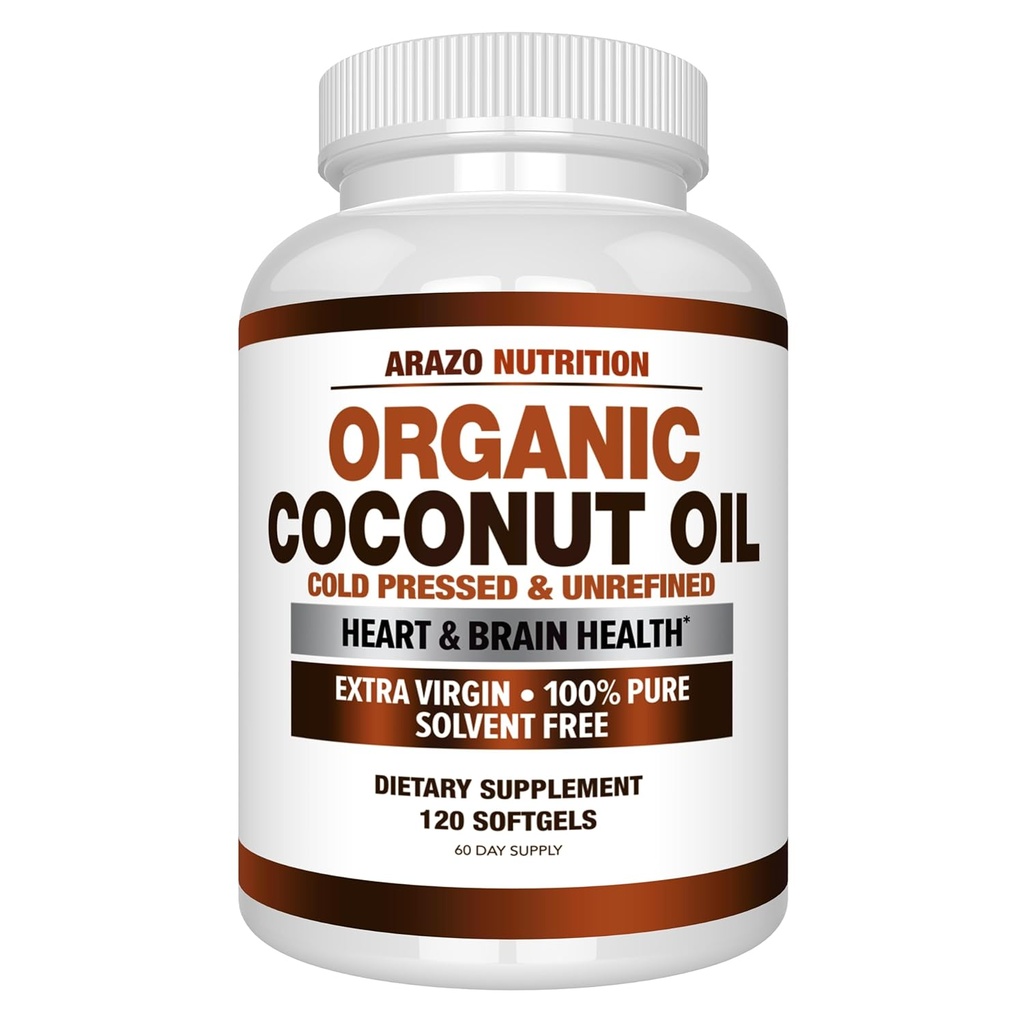 Arazo Nutrition Organic Coconut Oil 2000 MG - 100% Extra szűz finomítatlan hideg nyomás a testtömeg-támogatás, bőr, haj, köröm - 120 Softgel kapszula