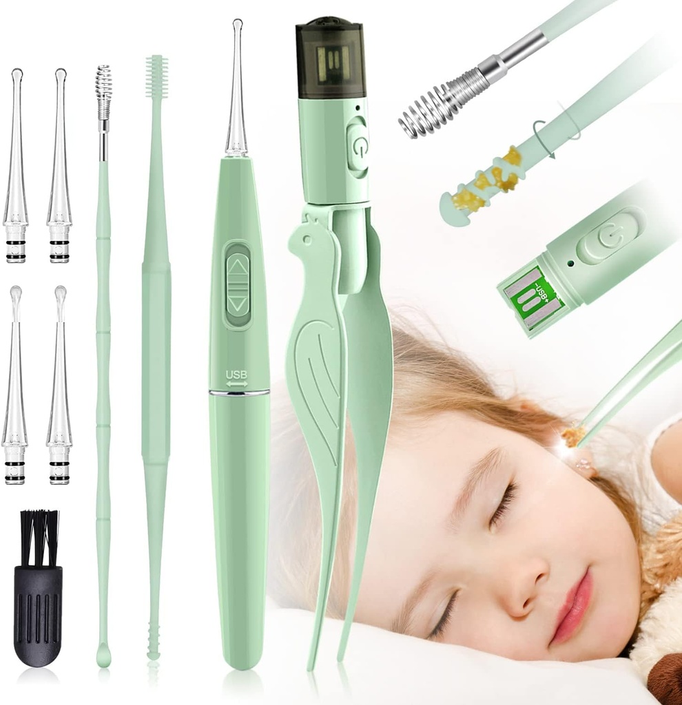Fül viasz eltávolító szerszámok, 9 Pack fül tisztító eszköz, fül Pick 2 LED fény, épített USB fül viasz Remover gyerekeknek és felnőtteknek