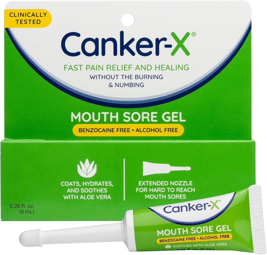 Canker-X Mouth Sore Gel, Fast Pain Relief & Heilung für Canker Sores, Wangenbits und Oral Abrasionen, Oral Pain Relief Gel, Benzocaine-frei und Alkoholfrei, Erwachsene und Kinder 6+ Jahre, 0,28 fl oz